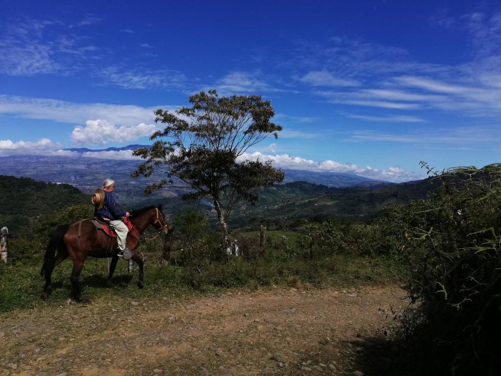 a person riding a horse on a dirt road at Finca Queveri in Orosí