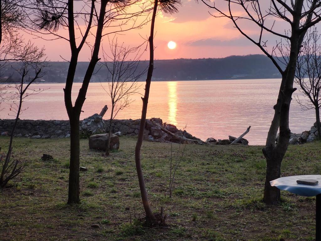 a sunset over a body of water with trees at Dedinski Raj in Golubac