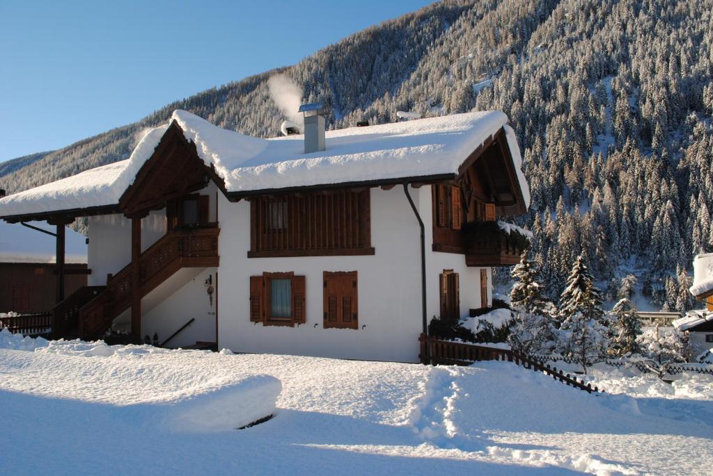 a house covered in snow with a mountain at Appartamenti Casavacanzepejo in Cogolo