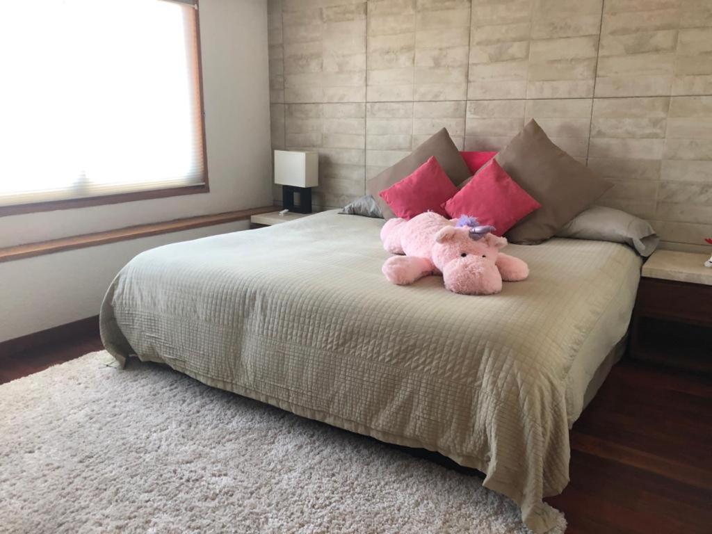 un osito de peluche rosa sentado encima de una cama en Habitaciones con baño privado disponibles, en Ciudad de México