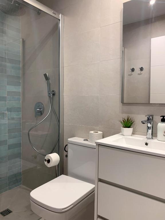a bathroom with a shower and a toilet and a sink at Casa Coromines in Alcudia