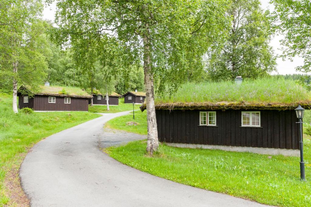 una casa con techo de hierba en una carretera en Groven Camping & Hyttegrend en Åmot