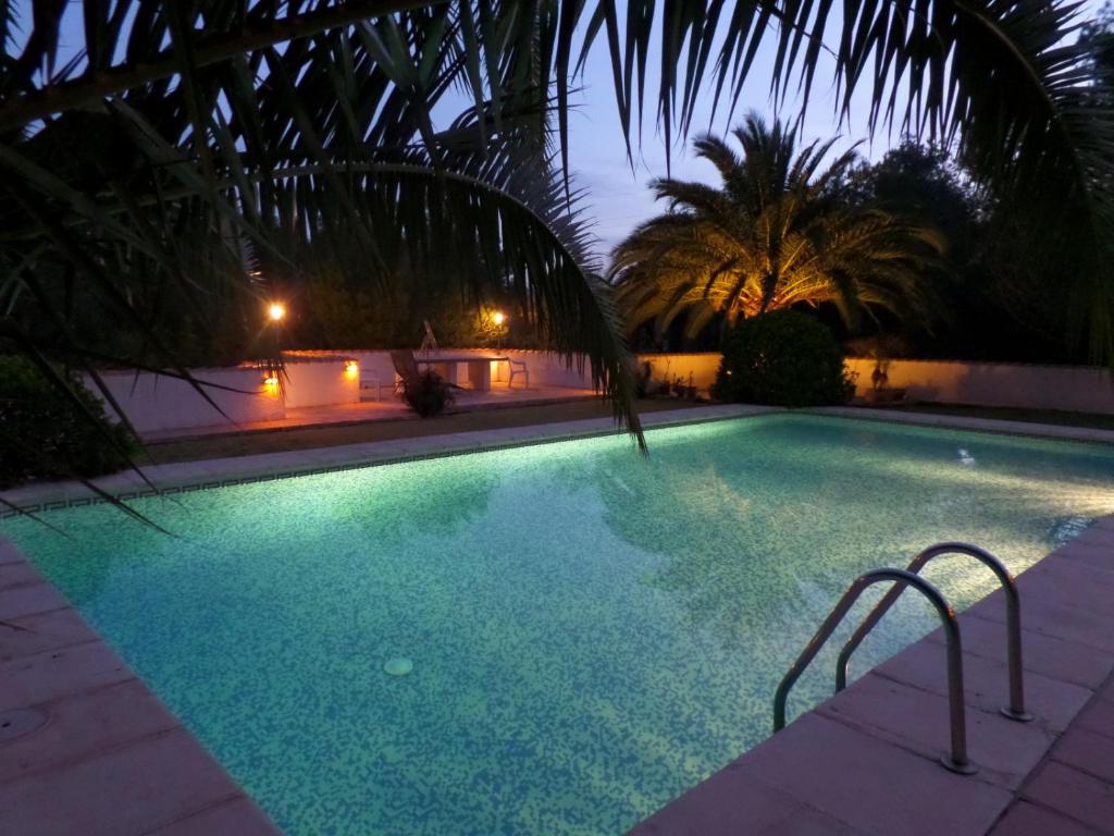una gran piscina por la noche con palmeras en Villa Rosa, en Jávea