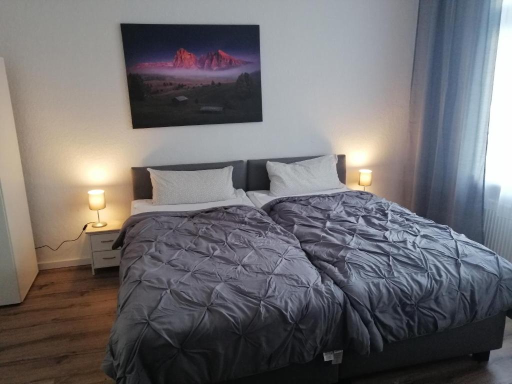 Kölsche Wohnung 2C في كولونيا: سرير في غرفة نوم مع مصباحين و لوحة على الحائط