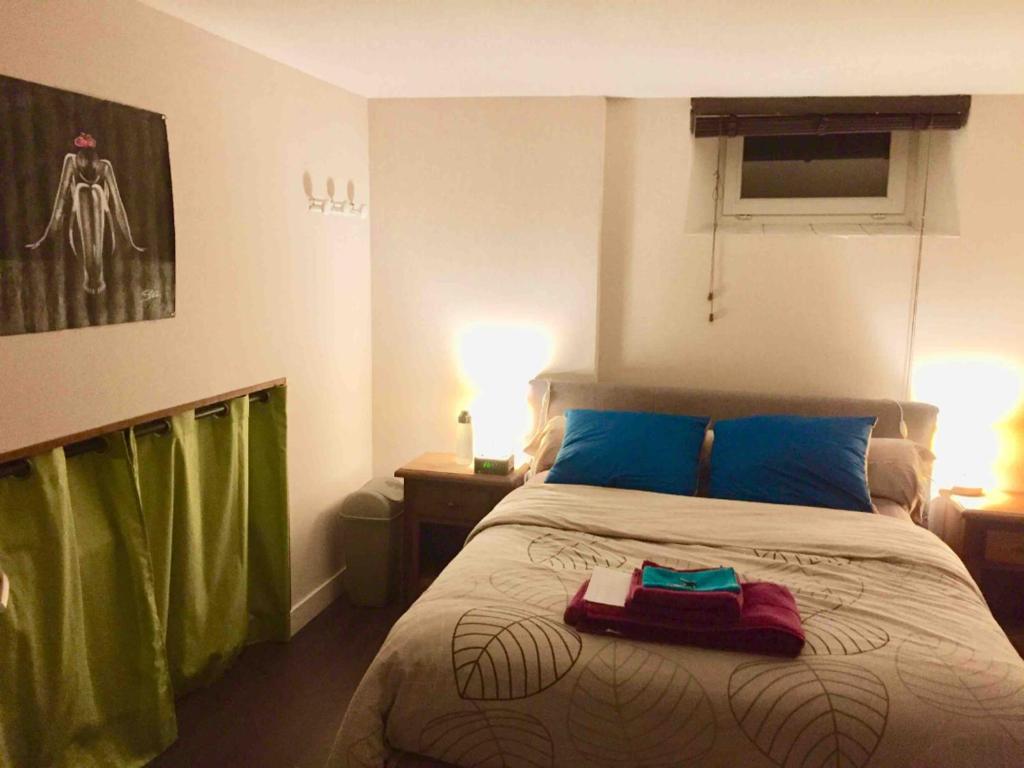 1 dormitorio con 1 cama con almohadas azules y verdes en Loft in Rennes - Private room, en Rennes