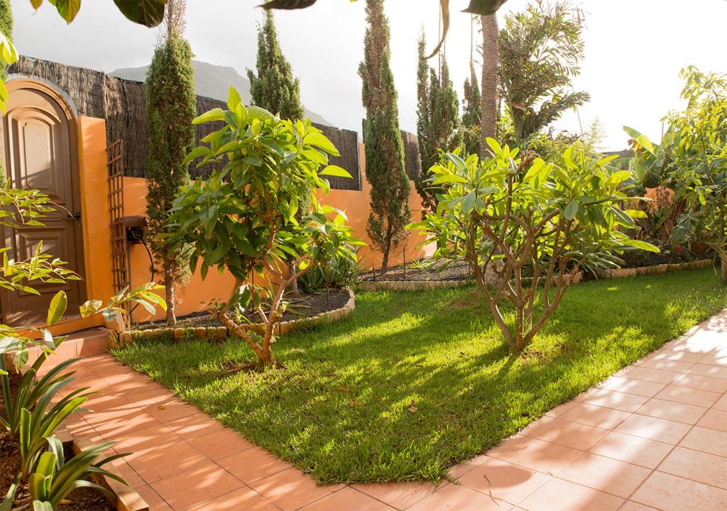 um jardim com árvores e relva e uma casa em ENERGY GARDEN em Bajamar