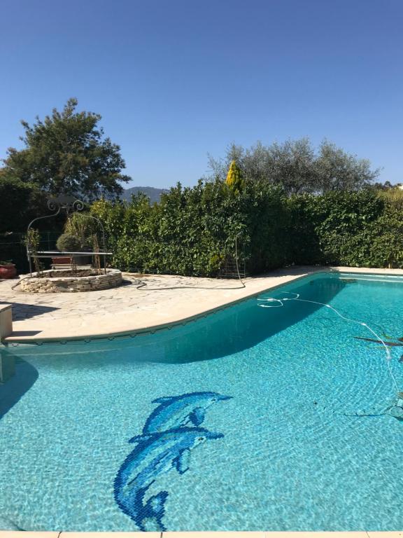 La Roquette-sur-Siagneにある2 pièces dans villa avec piscine parking à 10 mins de Cannesのスイミングプールの水面に描かれたイルカ2頭