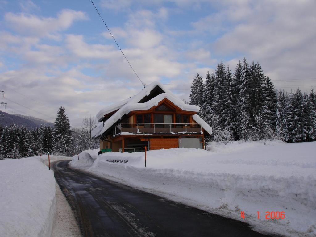 a house covered in snow next to a road at Apartment Janschitz Gundersheim in Gundersheim