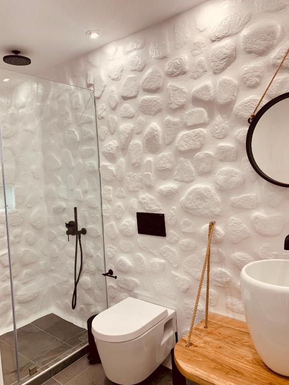 a bathroom with a shower and a toilet and a sink at Villa Christine in Agia Anna Naxos
