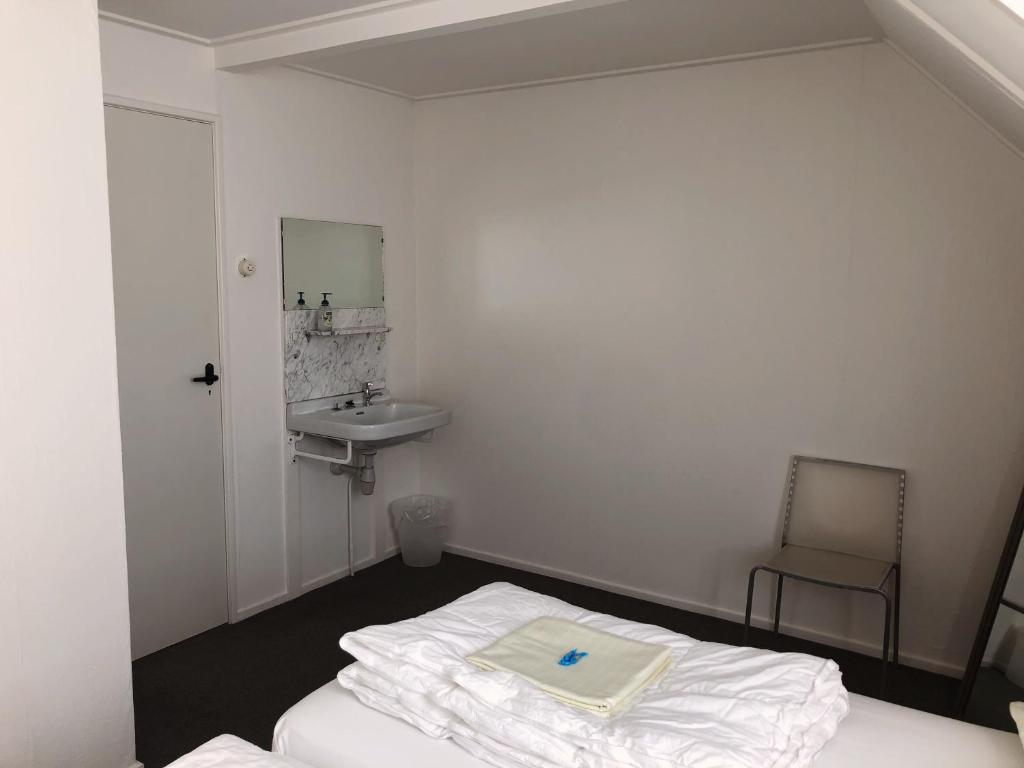 a room with a bed and a sink and a mirror at Hof Christina Vakantiewoningen in Vrouwenpolder