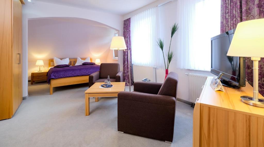 a living room with a couch and a bed and a television at Hotel Riemann in Bad Lauterberg