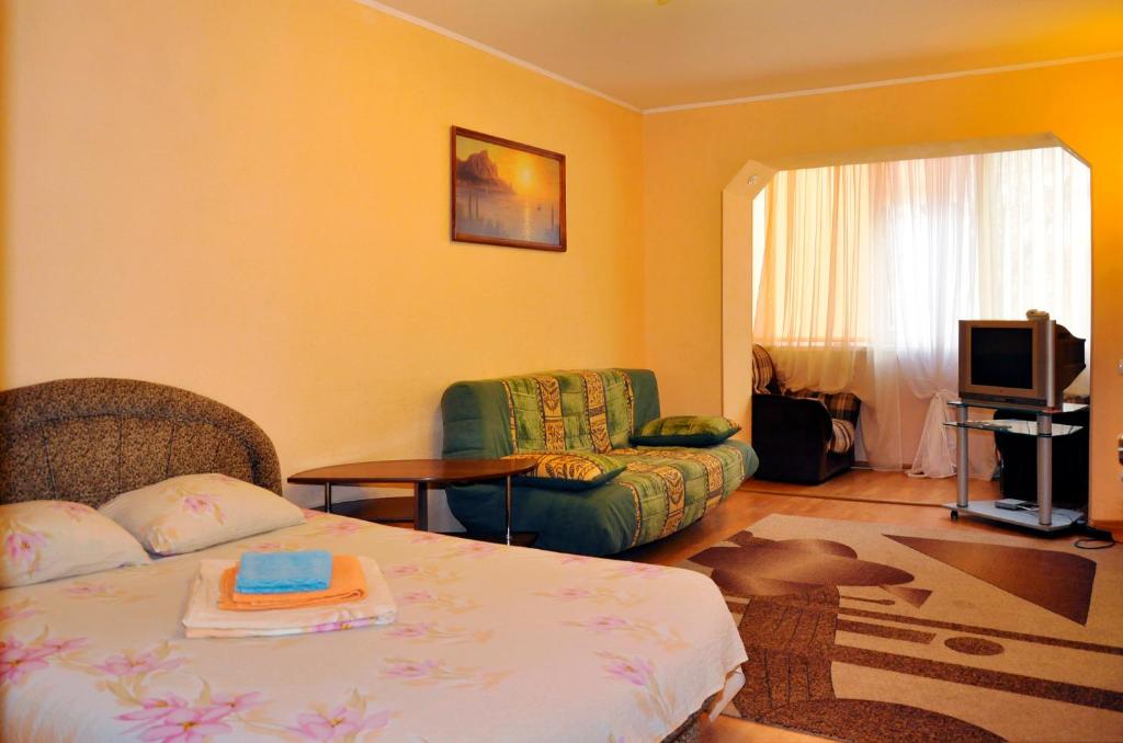 キーウにあるКвартира по переулку Бутышева, 17のベッド、ソファ、テレビが備わる客室です。