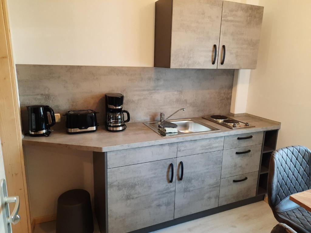 Kuchyň nebo kuchyňský kout v ubytování Apartments und Bistro Zum Glasmacher