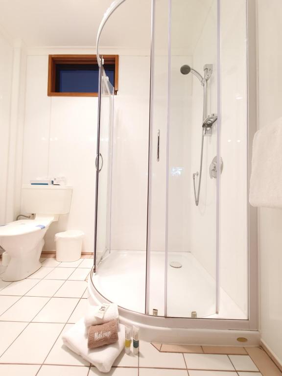 a bathroom with a shower and a toilet at Fitzherbert Castle Motel in Palmerston North