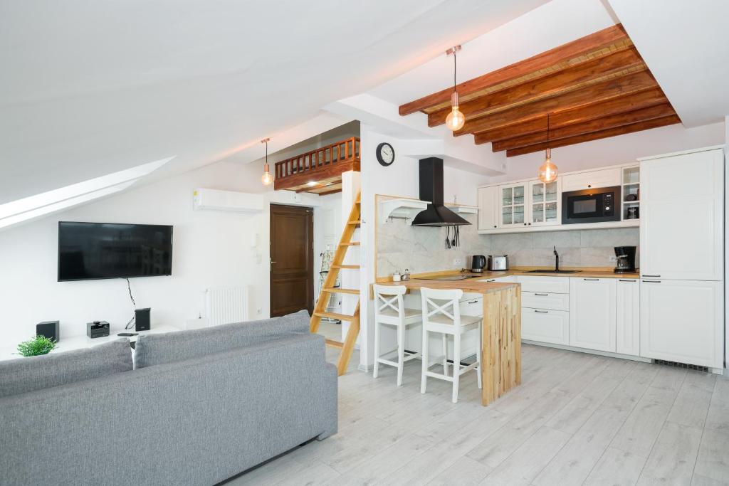 a kitchen and a living room with a couch and a table at Apartment Alexander in Krakow