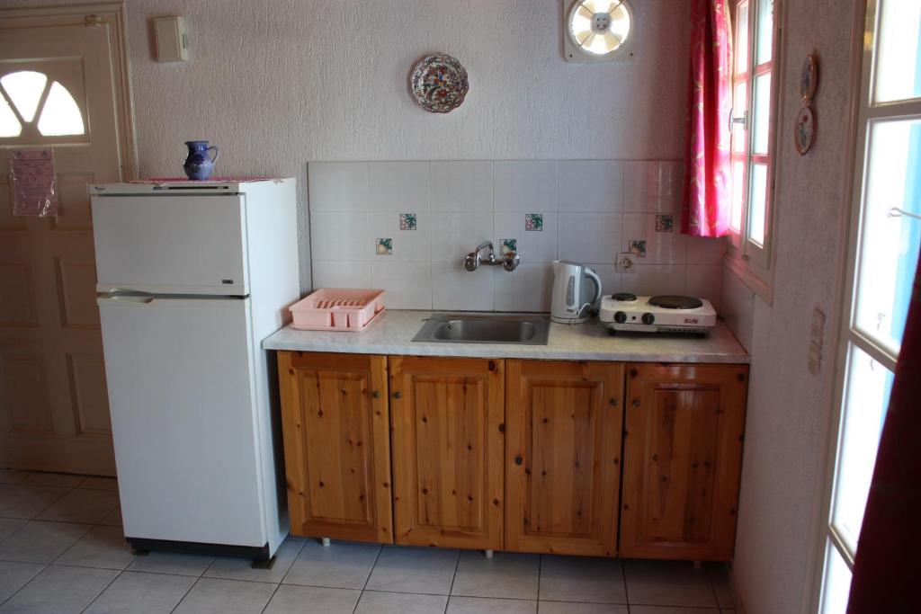 a kitchen with a white refrigerator and a sink at Pelagia in Marathokampos