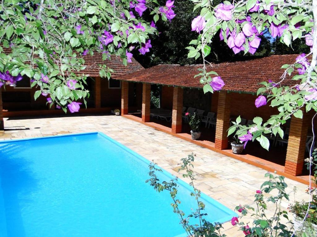 einen Pool in einem Garten mit lila Blumen in der Unterkunft Hotel Bougainville in Penedo