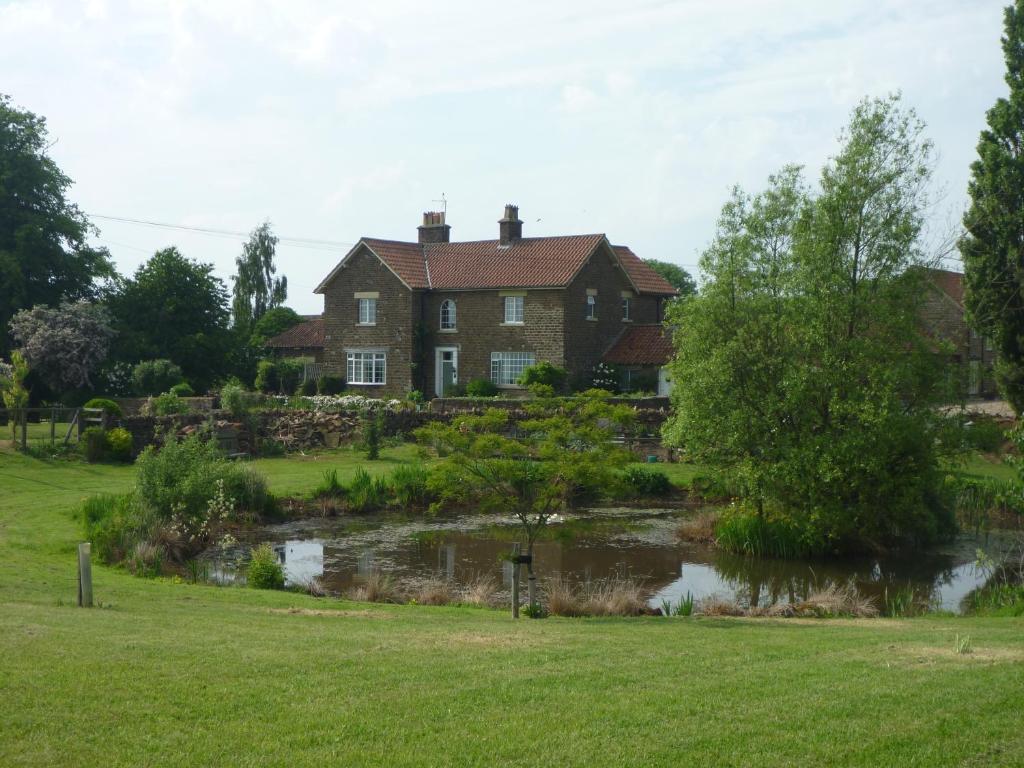 a house with a pond in front of it at Hall Farm Bed & Breakfast in Terrington