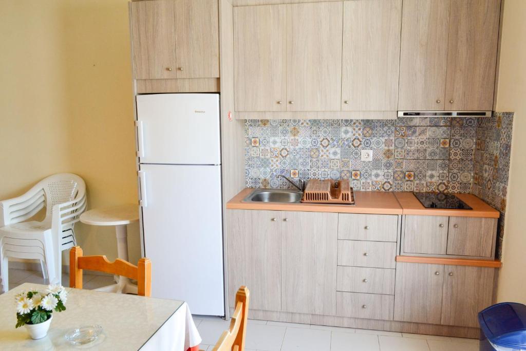 a kitchen with wooden cabinets and a white refrigerator at Amaryllis Hotel in Karpathos