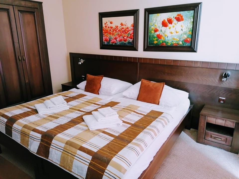 Hotel David with Free Parking في كوشيتسه: سرير كبير في غرفة بها لوحتين على الحائط