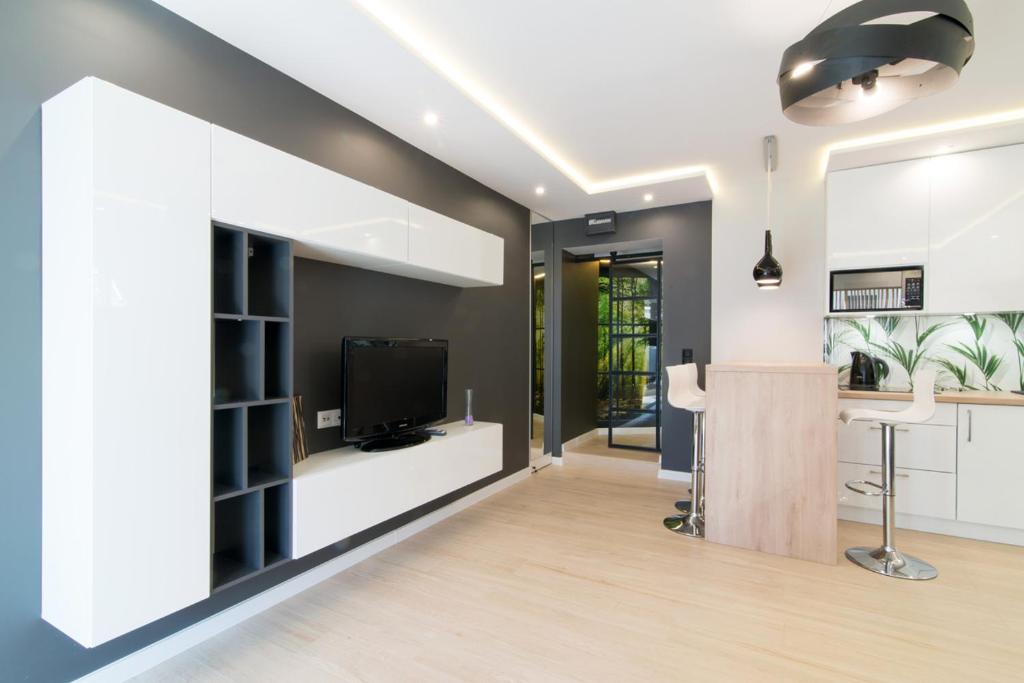 Televízia a/alebo spoločenská miestnosť v ubytovaní Apartament Przytulny