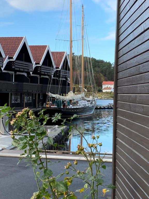 Ein Segelboot liegt in einem Jachthafen vor Anker. in der Unterkunft Trysnes Brygge in Kristiansand