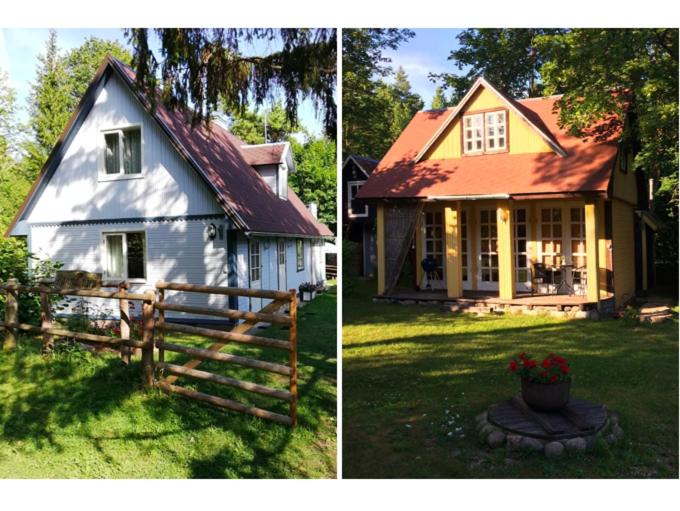 two pictures of a white house and a house with a fence at Ranna Talu Puhkemaja in Kassari