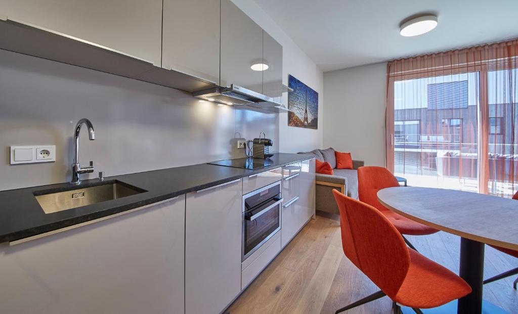 Kuchyň nebo kuchyňský kout v ubytování Hermitage Apartments