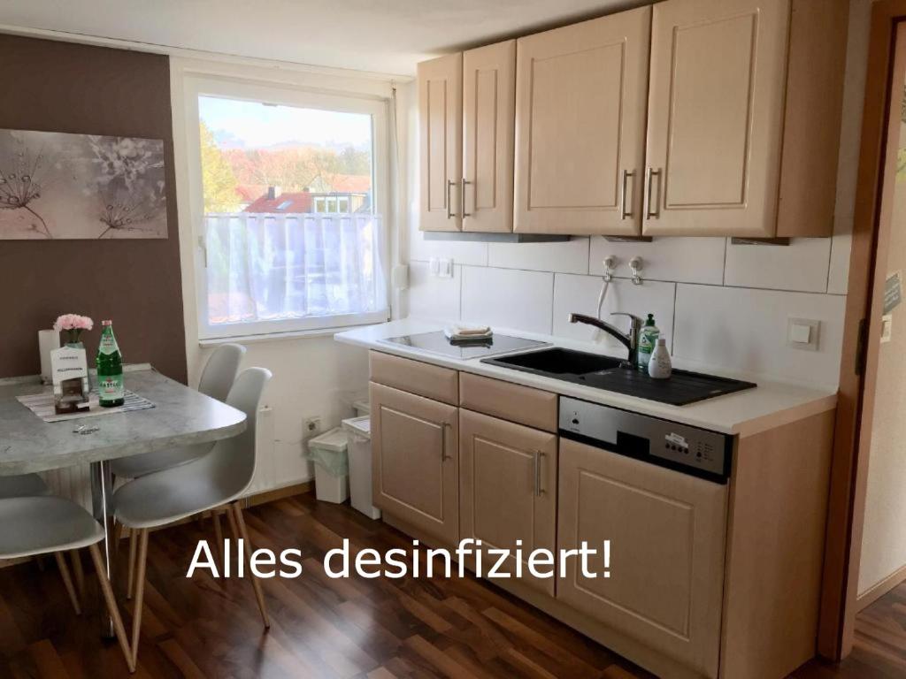 une petite cuisine avec un évier et une table dans l'établissement Ferienwohnung Windhaus, à Dortmund