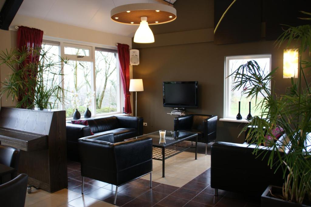 - un salon avec des canapés et une télévision dans l'établissement Vakantiehuis De Binnenplaets, à Elsloo
