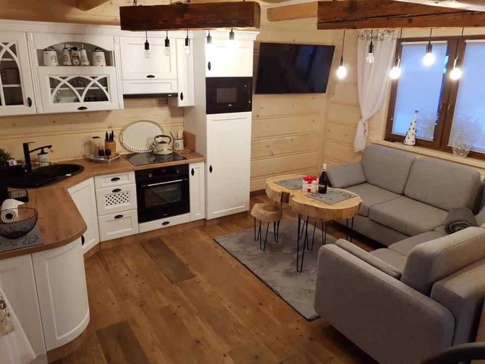 a small kitchen and living room in a tiny house at Śwarny Domek in Małe Ciche