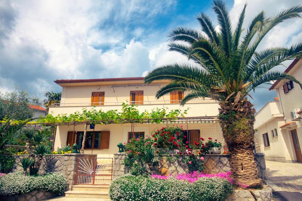 a palm tree in front of a house at Apartments Katarina Porat in Malinska