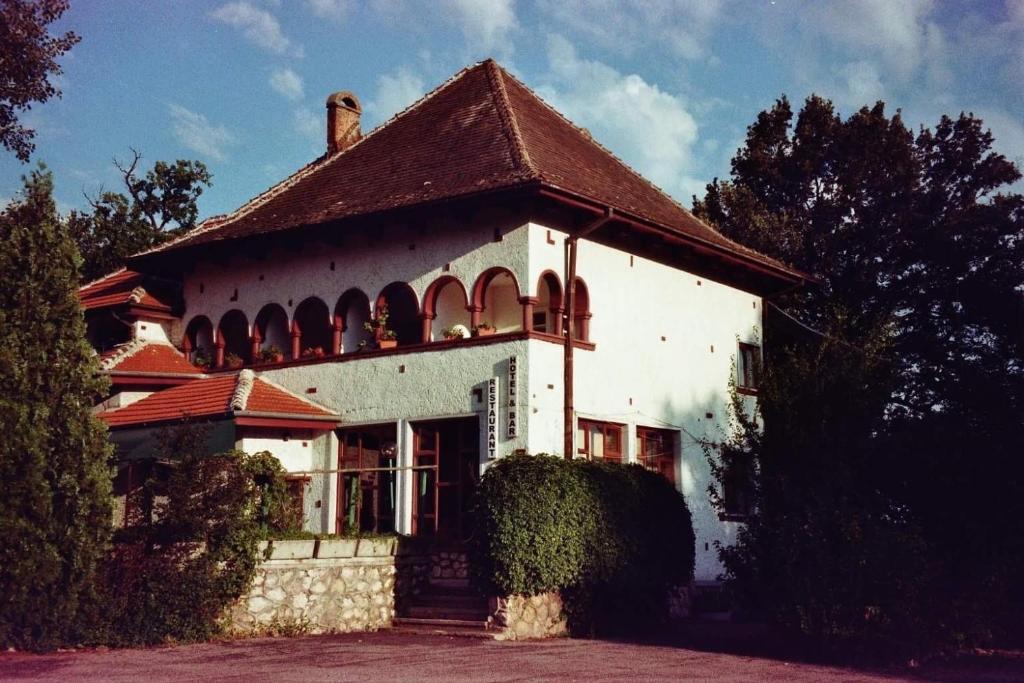 a large white house with a brown roof at Motel Hanul Balota in Drobeta-Turnu Severin