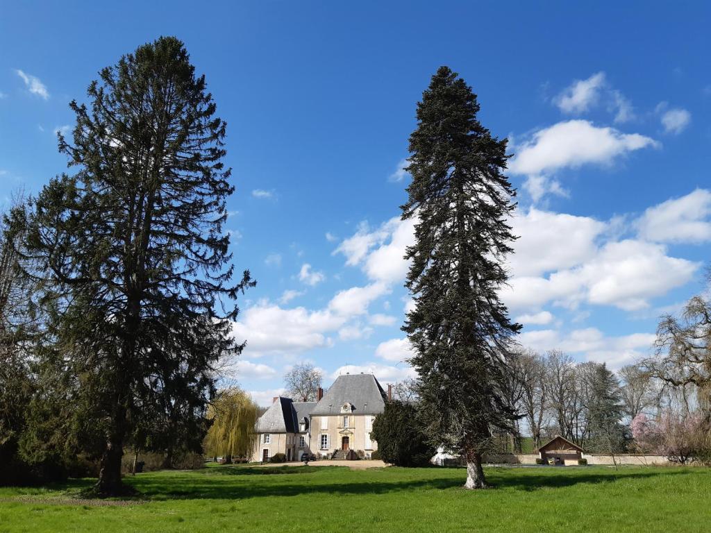 two trees in front of a white house at Château de Mongazon in Saint-Franchy