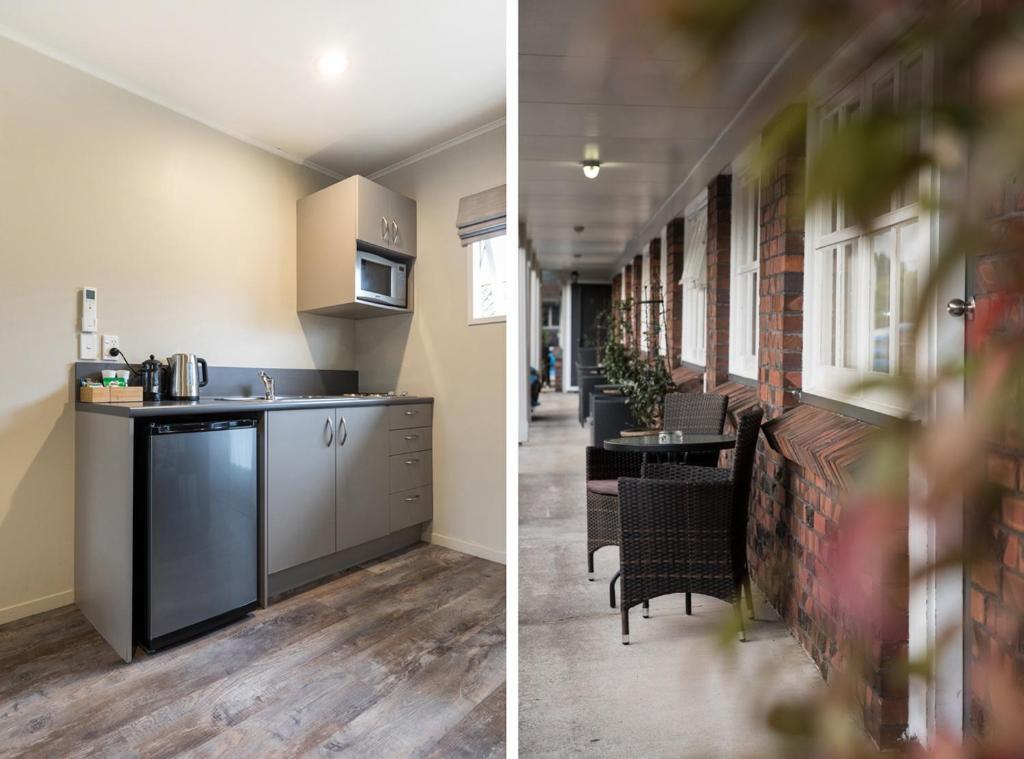 two images of a kitchen and a dining room at Colonial Court Motor Inn in Tauranga