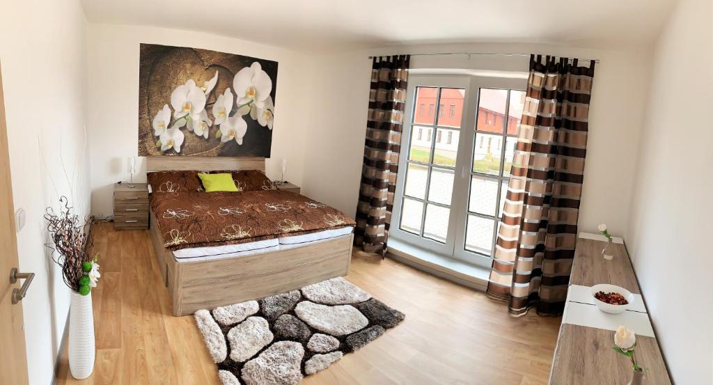 1 dormitorio con cama y ventana grande en Apartmán Říčky "Mařinka 201", en Říčky