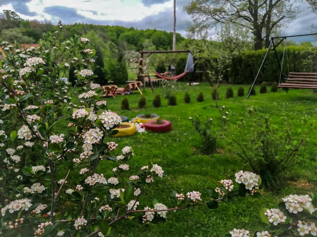 um jardim com um baloiço e flores na relva em Gacka-Beautiful Place in Nature em Otočac