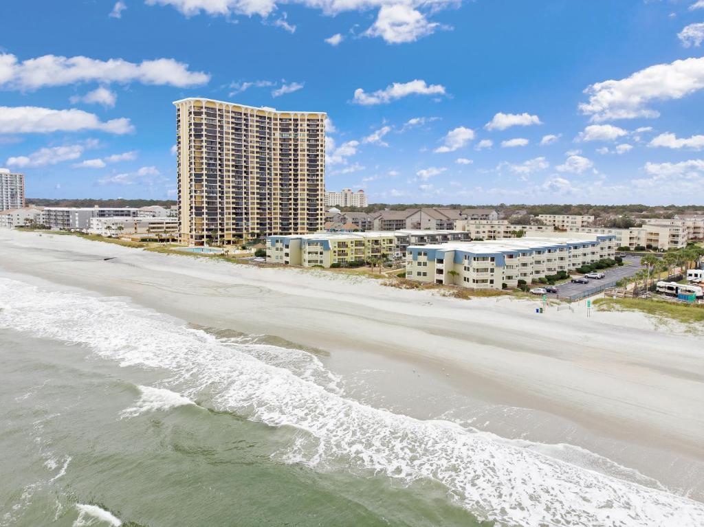 an aerial view of the beach and buildings at Beach Vacation Condos in Myrtle Beach