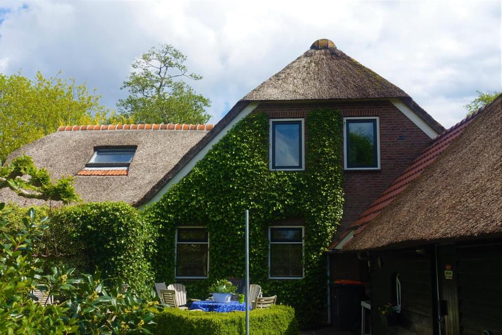 a house covered in ivy with a roof at De Aardigeyt in Giethoorn