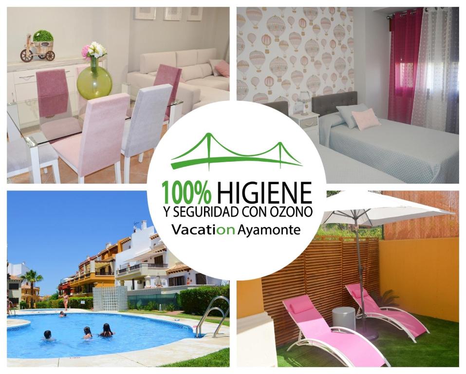 un collage de fotos con una habitación de hotel y una piscina en MARINA AZUL GOLF en Ayamonte
