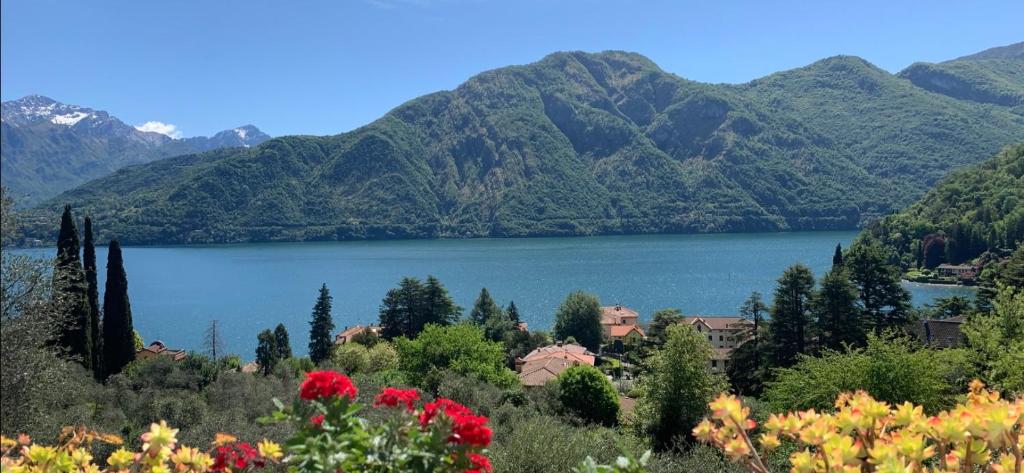 vistas a un lago con montañas en el fondo en La Dolce Vista en Tremezzo
