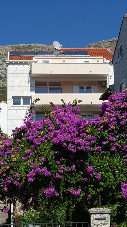 een gebouw met paarse bloemen ervoor bij Apartments Laus in Dubrovnik