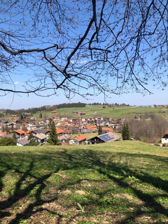 a view of a town from a park with a tree at Alpenblick in Bad Kohlgrub