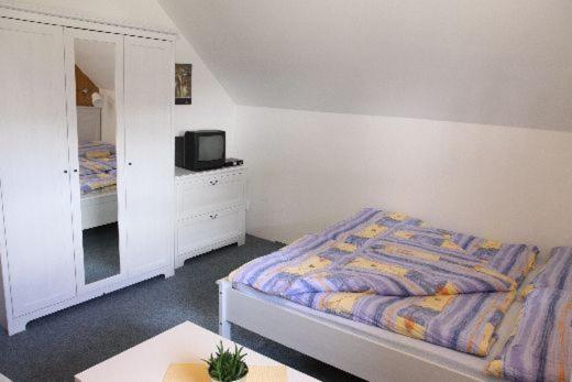 a bedroom with a bed and a dresser with a mirror at Turistická Chata Pláně in Český Dub