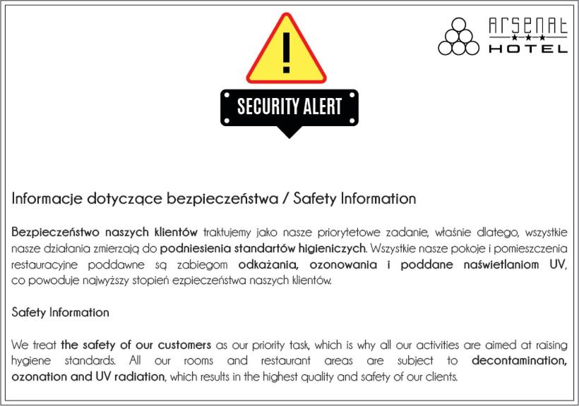 Certifikát, hodnocení, plakát nebo jiný dokument vystavený v ubytování Hotel Arsenał