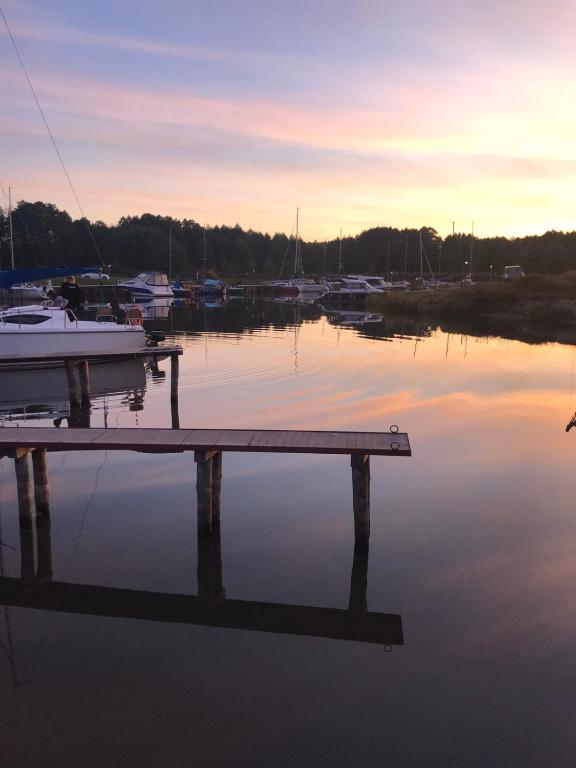 a dock in a marina with boats in the water at Marina Niedźwiedzi Róg in Ruciane-Nida
