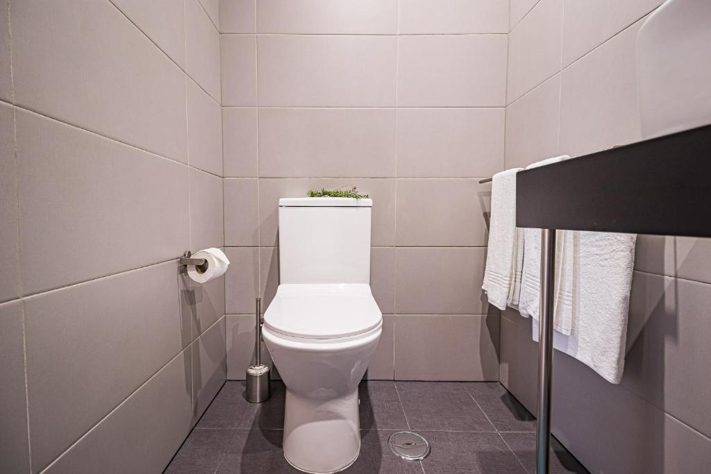 a bathroom with a toilet with a plant on top of it at Buganvilias Do Meco Guest house in Sesimbra