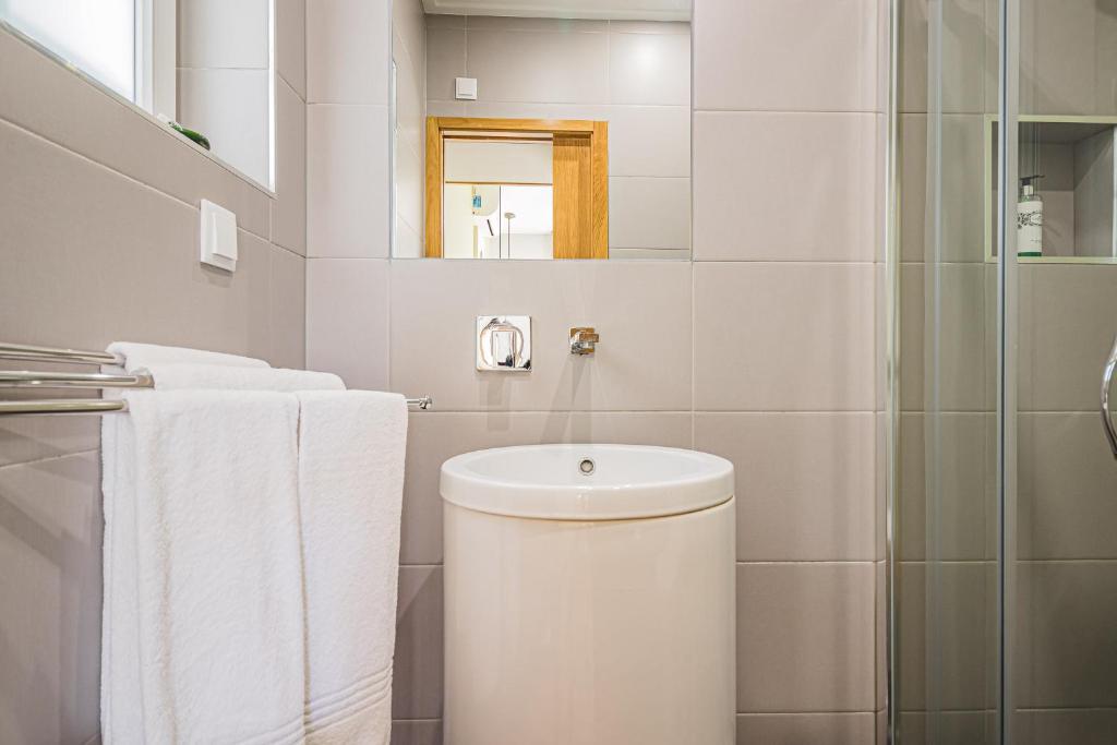 a white bathroom with a toilet and a shower at Buganvilias Do Meco Guest house in Sesimbra