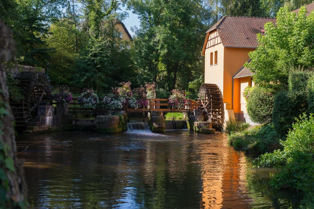 une maison à côté d'une rivière à côté d'un bâtiment dans l'établissement Le Moulin de la Walk, à Wissembourg