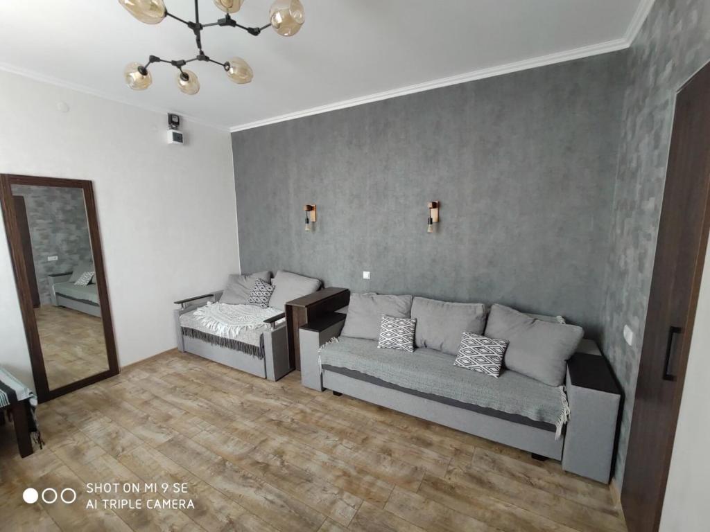 ein Wohnzimmer mit einem Sofa und einem Spiegel in der Unterkunft Однокімнатна квартира-студія біля парку Шевченка in Iwano-Frankiwsk